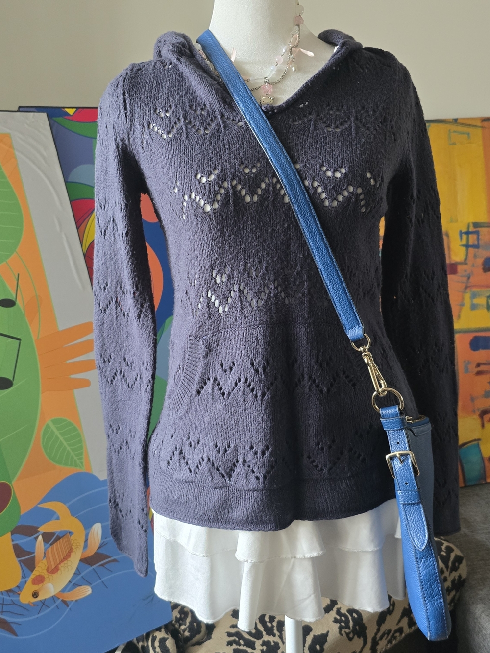 Roxy Navy Blue Pointelle Knit V-Neck Pullover Hoodie Sweater M